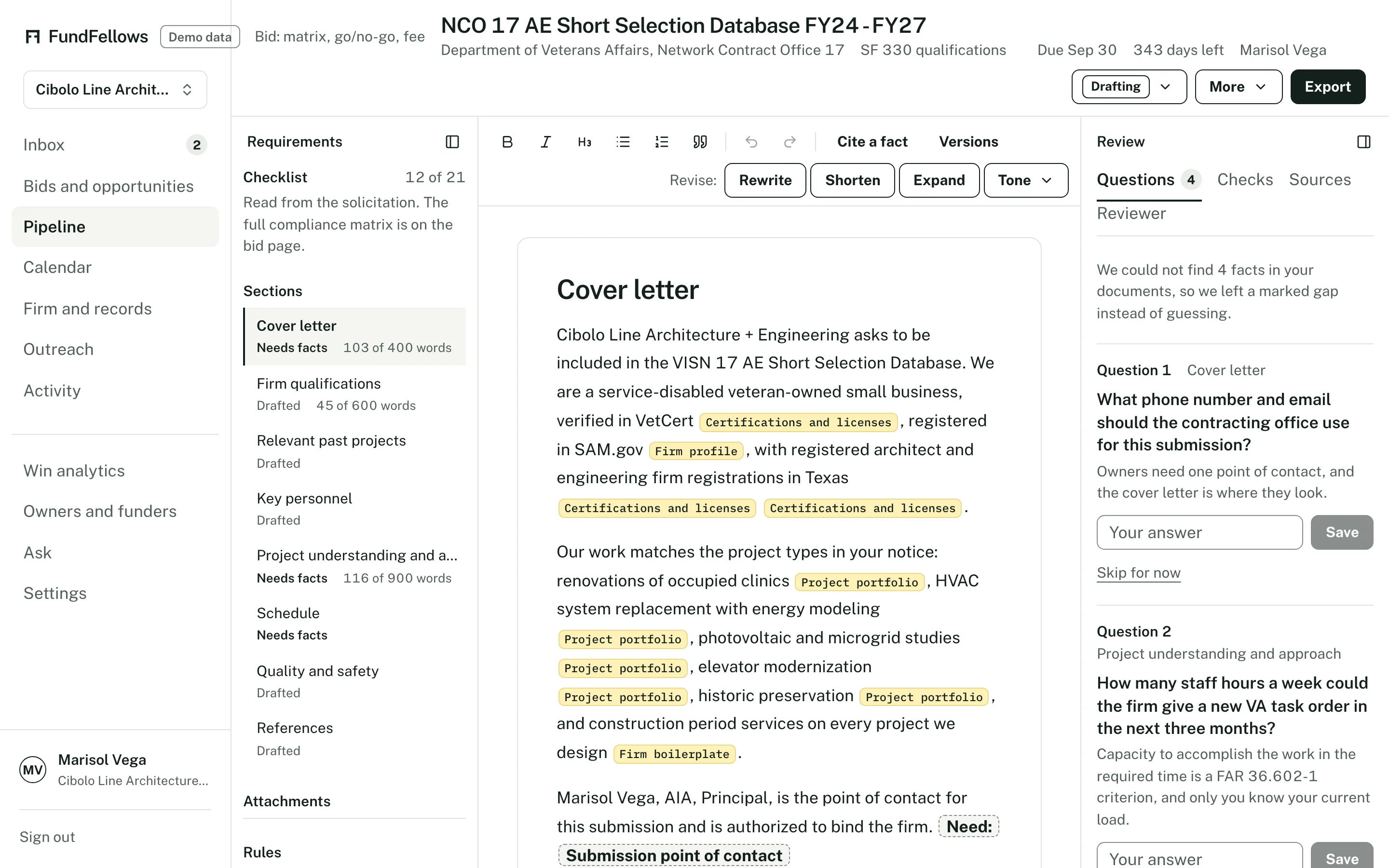 The bid proposal editor: drafted sections with citation chips that point to the firm's records.