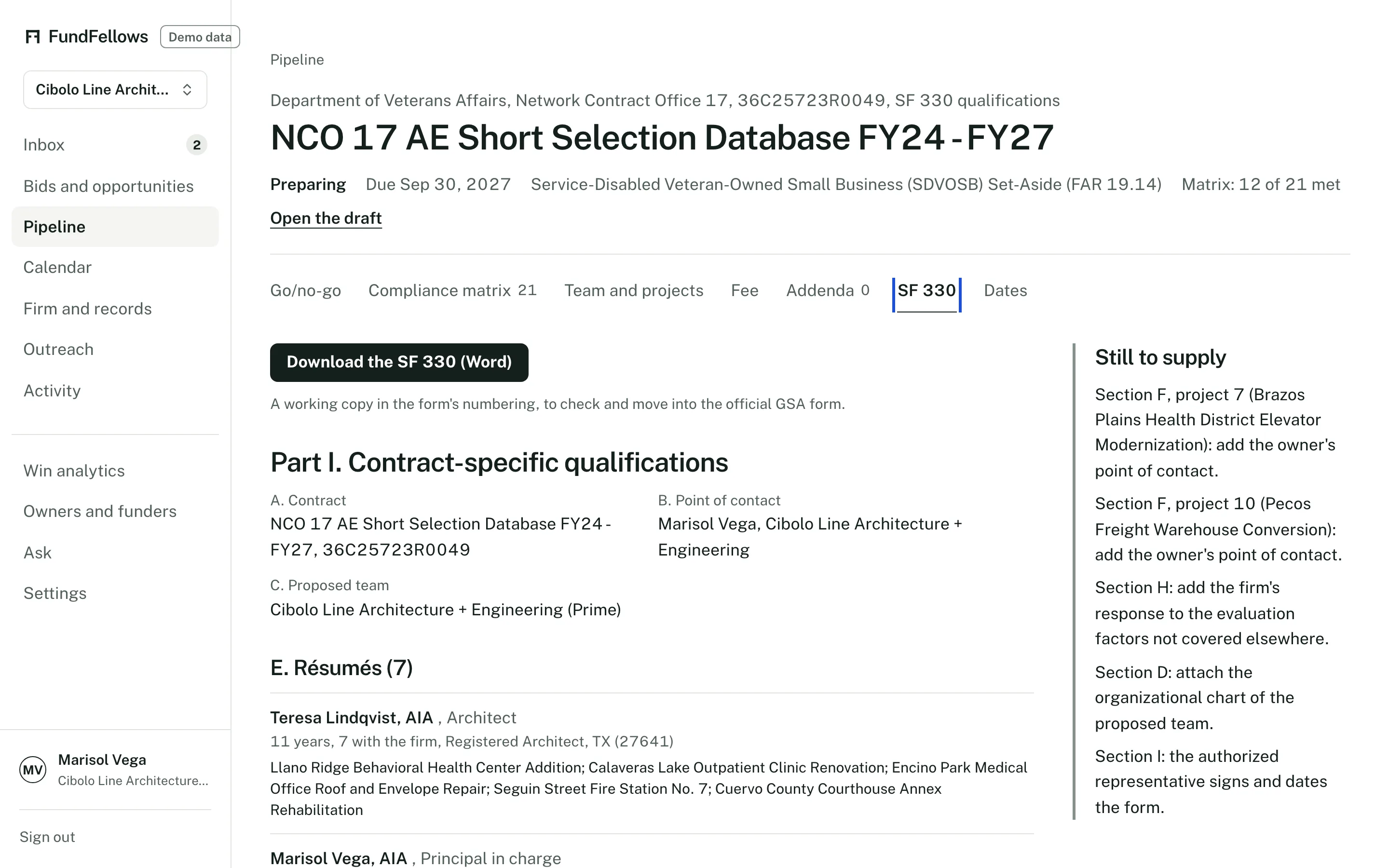 The SF 330 preview: key personnel résumés, example projects, the participation matrix, and a button to download a Word copy.