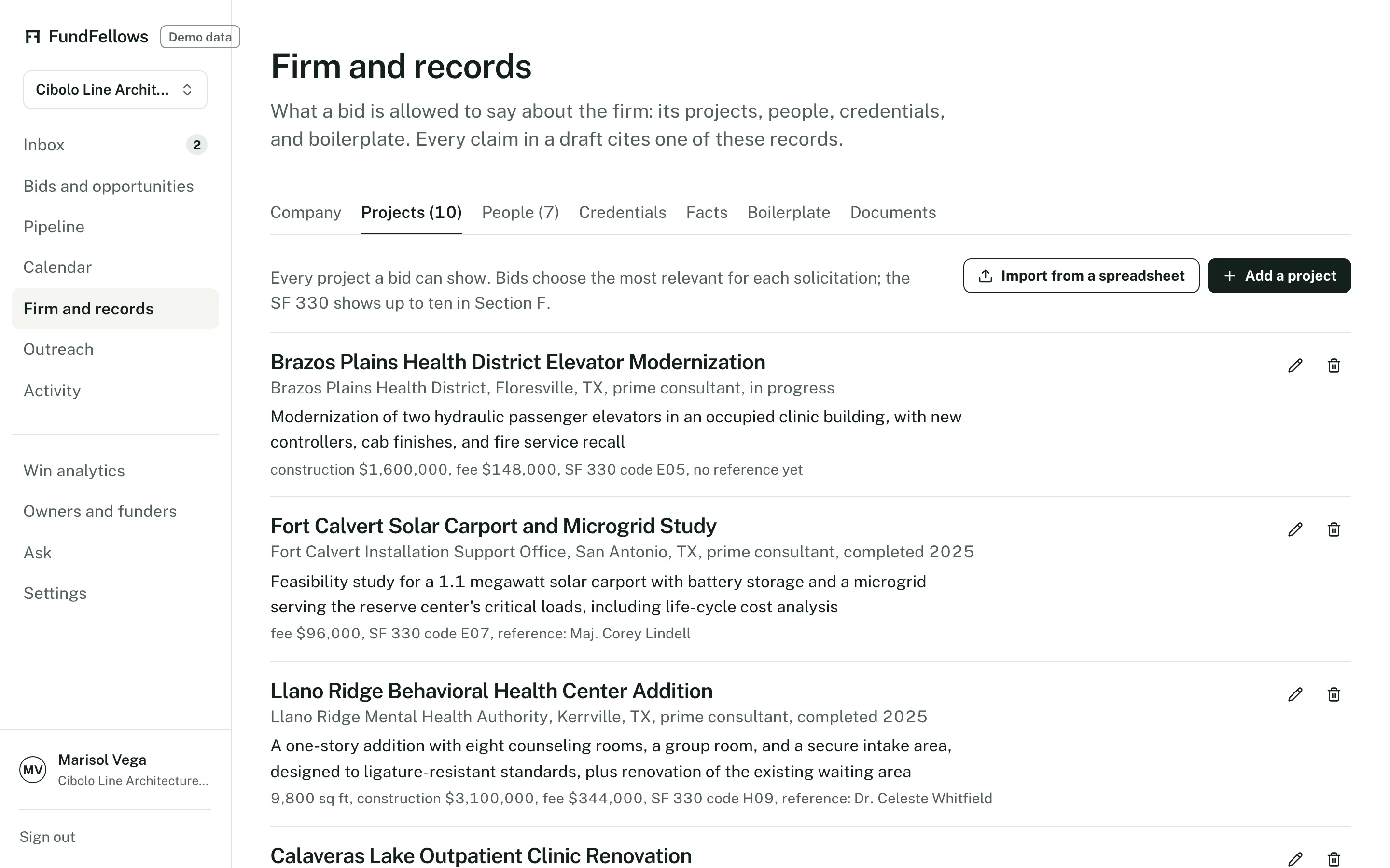The firm's records, open on the list of portfolio projects.