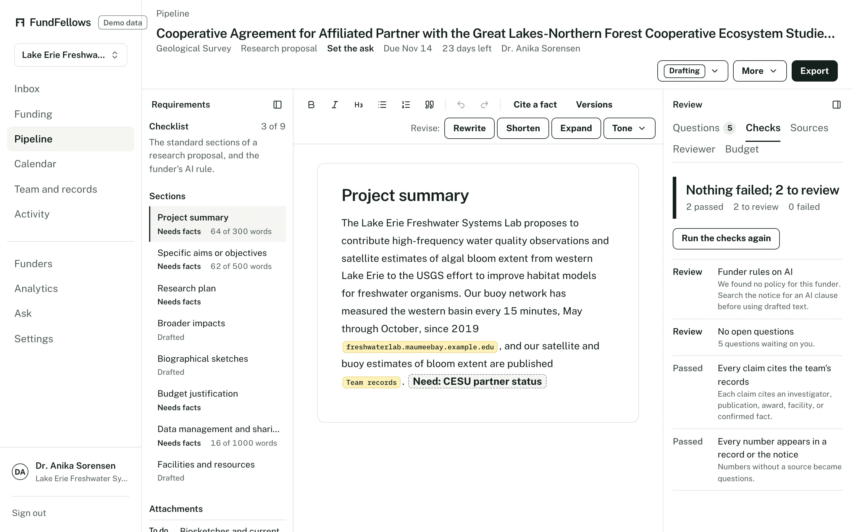 The research proposal editor: drafted sections, with the funder's rule on AI listed on the checklist beside them.
