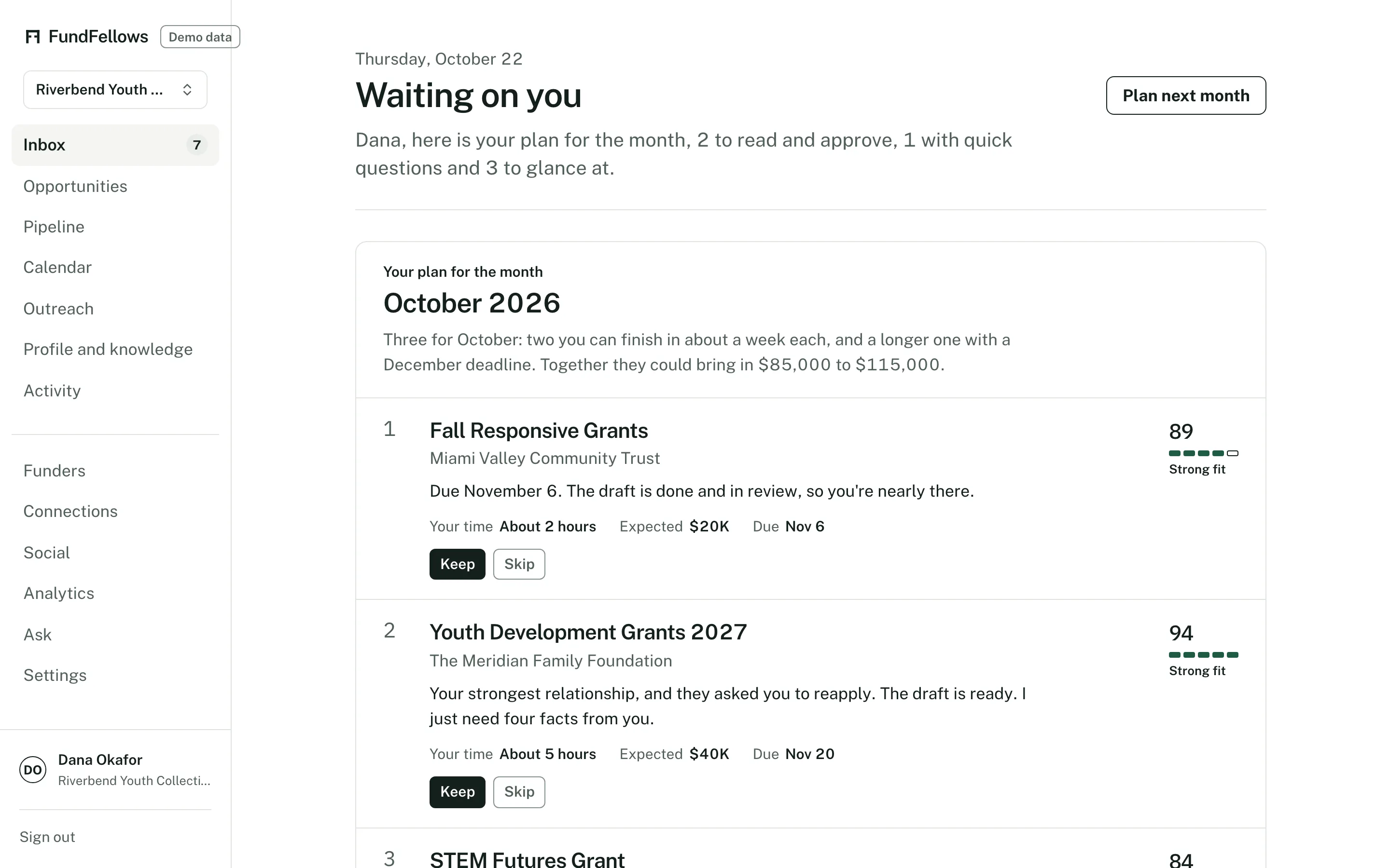 The Inbox: this month's plan, and the drafts, emails, and questions waiting for approval.